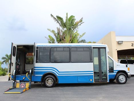Used Wheelchair Van For Sale: 2005 Ford E450 Sd Bus E-450 SD Bus with Side Ricon Lift Wheelchair Accessible Van For Sale with a VMI Commercial on it. VIN: 1FDXE45P45HA76970