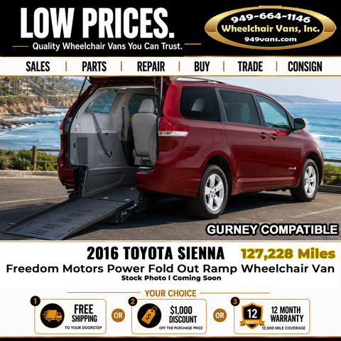 Used Wheelchair Van For Sale: 2016 Toyota Sienna  Wheelchair Accessible Van For Sale with a Freedom Motors - Power Toyota Rear Entry on it. VIN: 5TDKK3DC9GS725113