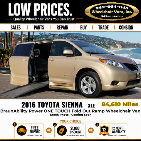 Used Wheelchair Van For Sale: 2016 Toyota Sienna XLE Wheelchair Accessible Van For Sale with a BraunAbility - Toyota Rampvan XL on it. VIN: 5TDYK3DCXGS762150