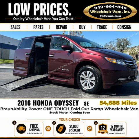 Used Wheelchair Van For Sale: 2016 Honda Odyssey SE Wheelchair Accessible Van For Sale with a BraunAbility - Honda Entervan II on it. VIN: 5FNRL5H36GB131102