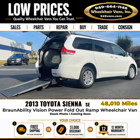 Used Wheelchair Van For Sale: 2013 Toyota Sienna SE Wheelchair Accessible Van For Sale with a BraunAbility - Toyota Manual Rear Entry on it. VIN: 5TDXK3DC5DS380079