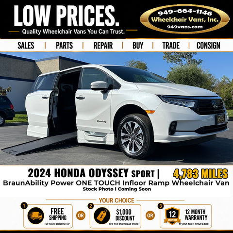 Used Wheelchair Van For Sale: 2024 Honda Odyssey Sport Wheelchair Accessible Van For Sale with a BraunAbility - Honda Power Infloor on it. VIN: 5FNRL6H74RB032385