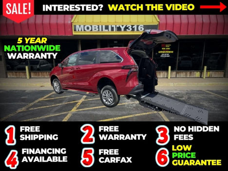 New Wheelchair Van For Sale: 2025 Toyota Sienna LE Wheelchair Accessible Van For Sale with a VMI Toyota Sienna Hybrid - Rear Entry - FWD on it. VIN: 5TDKRKEC0TS335483
