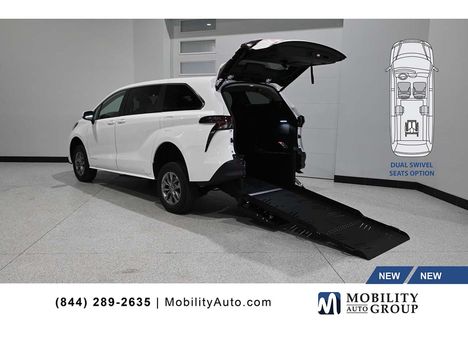New Wheelchair Van For Sale: 2026 Toyota Sienna LE Mobility Handicap Van Wheelchair Accessible Van For Sale with a Vantage Mobility Hybrid Manual Fold-Out Long Channel Ramp Rear Entry on it. VIN: 5TDKRKEC1TS345214