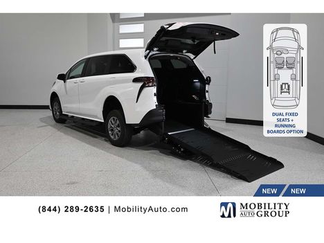 New Wheelchair Van For Sale: 2026 Toyota Sienna LE Mobility Handicap Van Wheelchair Accessible Van For Sale with a Vantage Mobility Hybrid Manual Fold-Out Long Channel Ramp Rear Entry on it. VIN: 5TDKRKEC6TS344978