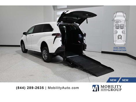 New Wheelchair Van For Sale: 2026 Toyota Sienna LE Mobility Handicap Van Wheelchair Accessible Van For Sale with a Vantage Mobility Hybrid Manual Fold-Out Long Channel Ramp Rear Entry on it. VIN: 5TDKRKEC9TS345218