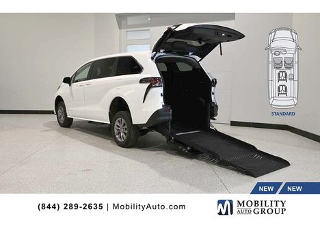 New Wheelchair Van For Sale: 2026 Toyota Sienna LE Mobility Handicap Van Wheelchair Accessible Van For Sale with a Vantage Mobility Hybrid Manual Fold-Out Long Channel Ramp Rear Entry on it. VIN: 5TDKRKECXTS344045