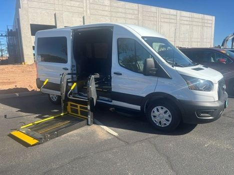 New Wheelchair Van For Sale: 2026 Ford Transit 150 Wheelchair Accessible Van For Sale with a Passenger Side LIFT on it. VIN: 1FTYE1C80TKB41817